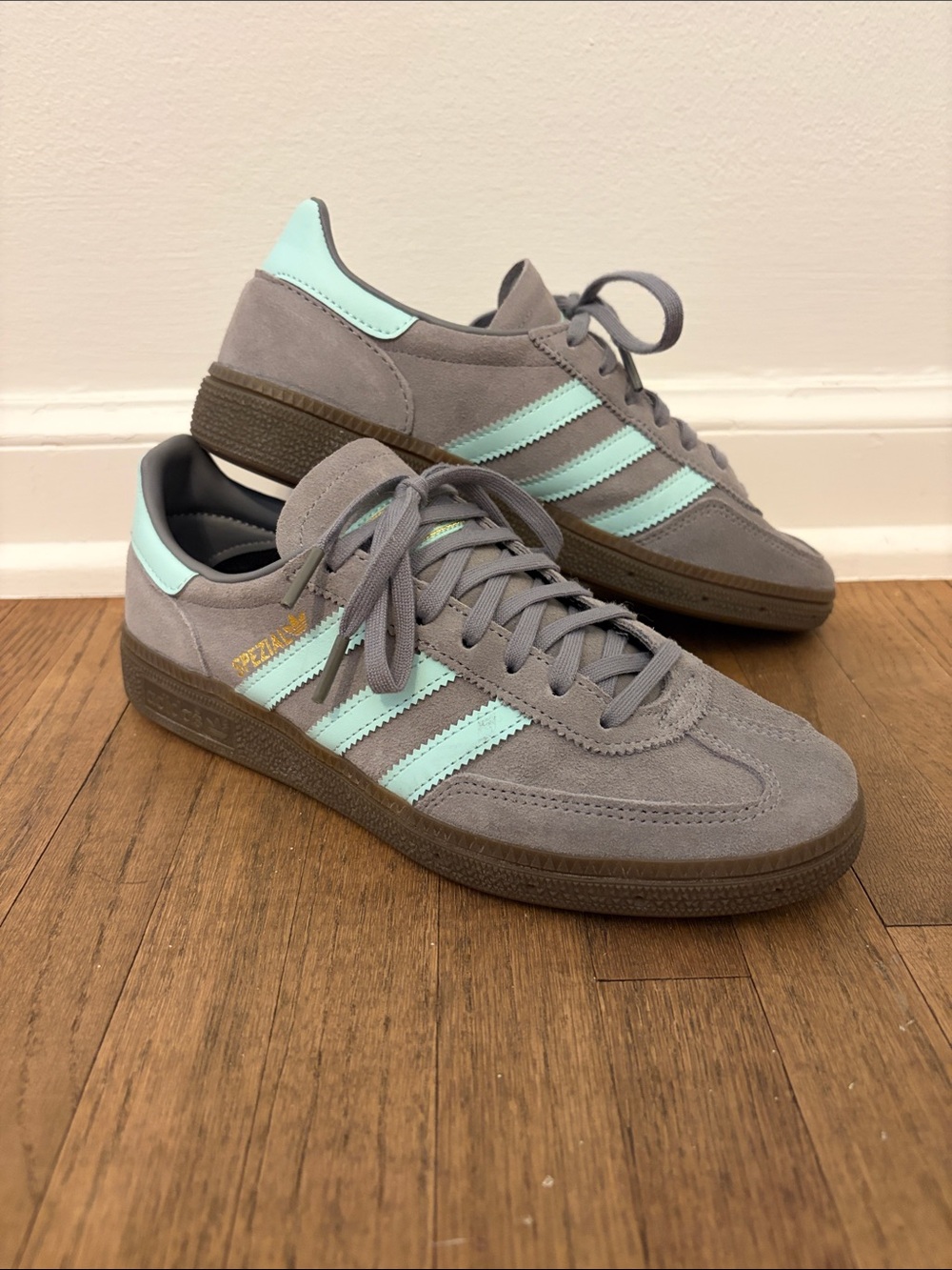adidas Grey Suede Sneakers with Mint Accents